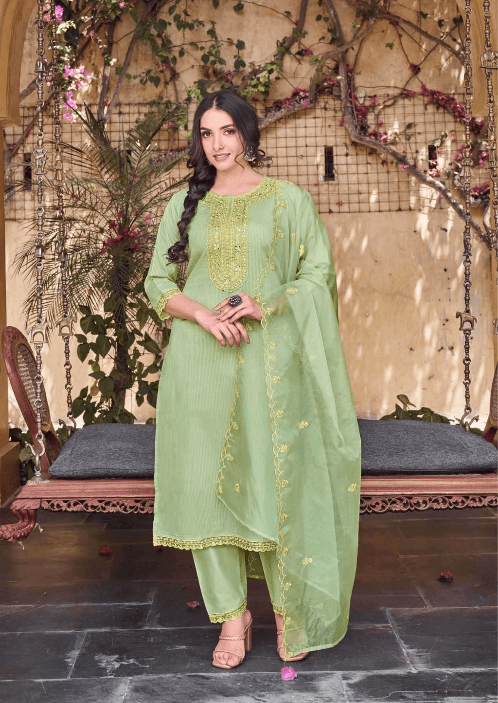 Noor-E-Bahar Celery Green Embroidered Lawn Set-0